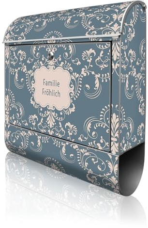 banjado Design Briefkasten personalisiert 38,5x46,5x13cm & 2 Schlüssel - Briefkasten Stahl Silber Zeitungsfach pulverbeschichtet - Postkasten A4 Einwurf inkl. Montagematerial - Motiv Royal Creme Blau
