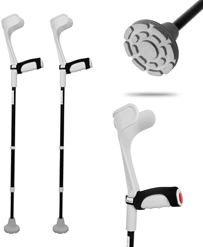 KMINA Unterarmgehstützen Krücken breiter Fuß, Softgriff, Grau (2 Stück) | Gummikapsel 80 mm, 11-fach höhenverstellbar, Waschbare Neoprenbezüge mit Silikon, Aluminium, Für Senioren und Erwachsene