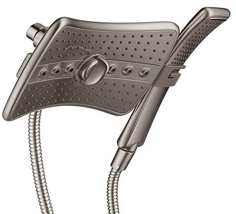 Ensemble double pommeau de douche avec deux réglages de pulvérisation chacune, pommes de douche fixes et portatifs, plaques faciales de qualité supérieure entièrement fini avec nickel brossé