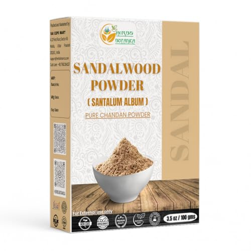 Herbs Botanica Chandan Poudre de bois de santal bio 100 g pour peau, masque facial, culte Tilak, occasions de bon augure 100 % naturelle, apaisante, nettoyante, rides