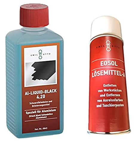 Brünier-Profi-Set II: 250 g AL-Liquid-Black 4.20, Schwarzfärbemittel von Aluminium, Kaltbrünieren - Schwarzfärben von frisch behandeltem Aluminium + 400 ml Lösemittel A zum Säubern und Entfetten