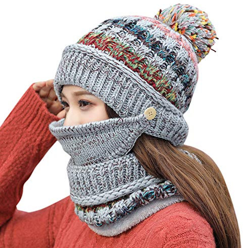 Runstarshow gestrickte Wintermütze Set mit Schal für Jugendliche Damenmütze mit Bommel Halstuch Mundschutz