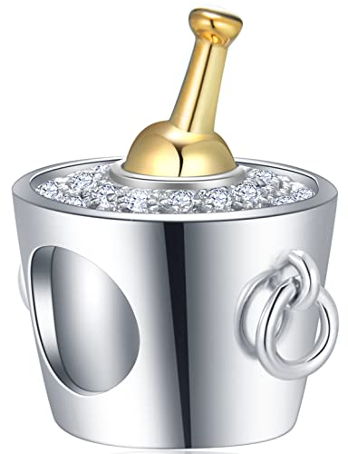 Charms champagne plaquées or dans un seau à glace, perles de bouteille de champagne en argent sterling 925 avec cz transparent, adapté bracelet d'anniversaire pandora, cadeaux pour fête/marraine/fille