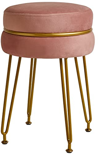 IBUYKE modern sammet runt fotstöd, fåfänga sminkstol, fåfänga fotpall med guldben, modern accent pallar för sovrum, vardagsrum, hall, rosa L/G-40P