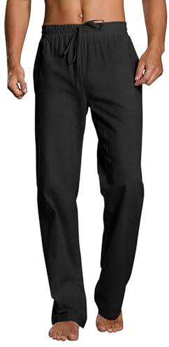 Mens Linen Trousers Casual Elastic Waist Summer Beach Loose Yoga Trousers Black L