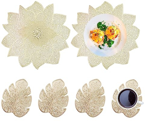 Spldsun Set of 6 Manteles Individuales Redondos y Posavasos, Manteles Individuales Redondos PVC, Posavasos Hoja, para Mesas Decorativas Antideslizantes, Antiarañazos (Dorado)