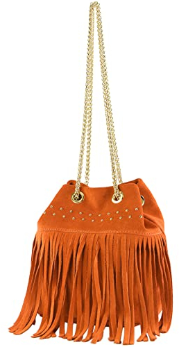 modamoda de T244 Damen Schultertasche Wildleder mit Fransen und Goldkette handmade in Italy, Farbe:Orange
