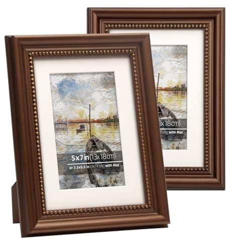 Eitida 5x7 in Wood Classic Gallery Picture Frame Set, Ornate Beaded Inner, Matted for 3.5x5.5 Photo, Multiple way display, 2 Pack