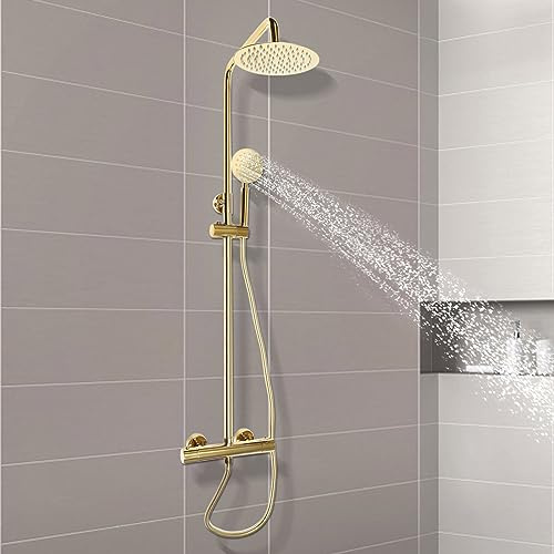 Messing Gold Duschsystem, Thermostat Messing Mischbatterie Duschset 3 Modus mit Regendusche Handbrause Kopf Höhenverstellbar 70-110cm