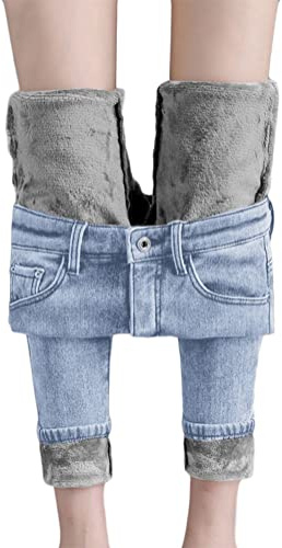 shownicer Damen Winter Jeans Fleece Gefüttert Thermohose Warm High Waist Thermojeans Dicke Skinny Jeans Slim Fit Denim Leggings Outdoor für Frauen C Hellblau S