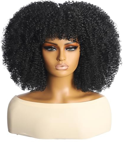 Topcosplay Afro Perücke Lockige Blond Perücke mit Pony für Frauen Natürlich Synthetische Haar Perücken für Halloween Kostüm (Schwarz)