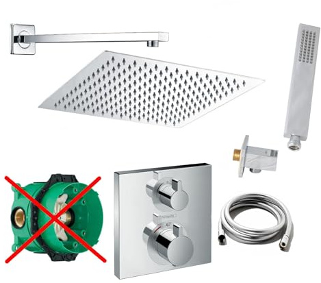 vanvilla Duschsystem Unterputz mit Duscharmatur Hansgrohe poliert HG35-ob | Duscharmatur von Hansgrohe Ecostat Square Thermostat Armatur und vanvilla Regendusche Duschkopf eckig, Dusch-SET poliert