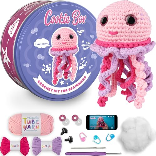 Cookie Box crochet kit para principiantes, amigurumi con hilo, ganchillo, relleno y guía PDF/video, regalo para adolescentes y adultos Jellyfish Jenny