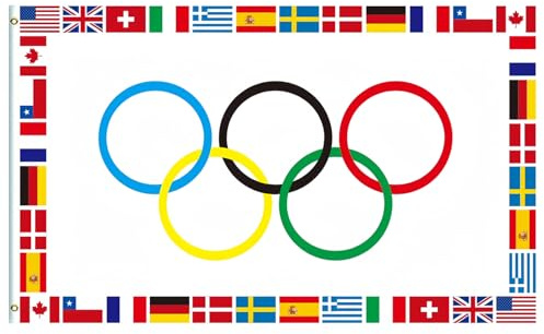 Grand drapeau olympique 1,5 x 0,9 m avec cinq anneaux pour jeux de 2024 – Bannière pour décorations de fête sur le thème du sport