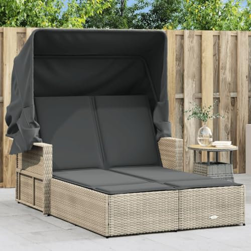 Homgoday Gartenliegen, Doppelliege mit Baldachin und Kissen, hellgrau aus Polyrattan, Sonnenliegen, Schlafsofa Möbel, Pool-Liege, Sonnenliege für den Garten