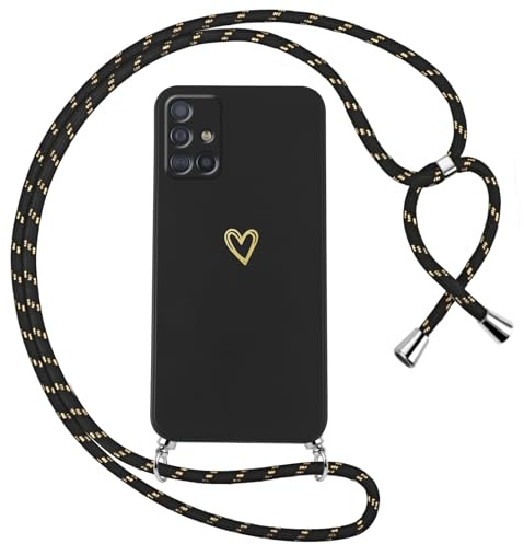 Oelrstfe Handyband für Samsung Galaxy A51 4G Hülle mit Band Herz Motiv Handyhülle für zum Umhängen Silikon Stoßfest Ultra Dünn Weich Schutzhülle mit Kordel Necklace Kette Love Muster Case,Schwarz