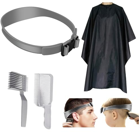 4Pcs Set de Haircut de Cheveux pour Homme, Haircut Template + 2 Peigne de Barbier + Cape de Coiffure, Bande De Coupe De Cheveux En Silicone Peigne De Positionnement pour DIY Maison Cheveux