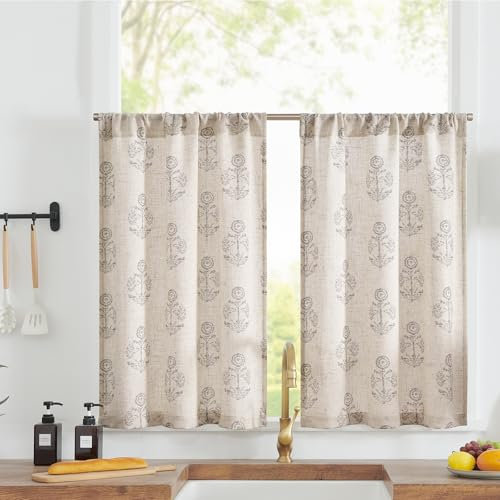 TOPICK Floral Küchengardinen Schiebevorhänge Lichtdurchlässig Kurze Fenster Vorhänge modern Bauernhaus Leinenoptik Kleine Fenster Bistrogardine für Wohnzimmer Küche 65B x 90H(cm) 2 Platten Grau