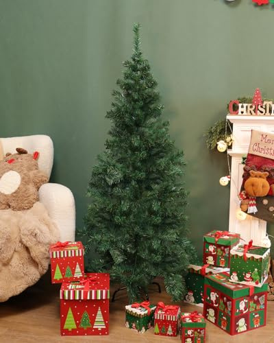 Aigostar Slim Christmas Tree, Green Pencil Christmas Tree Unlit Artificial 5ft/150cm Pencil Xmas tree Realistic Spruce with Metal Stand 280 Tips Bedroom Home Holiday Decoration