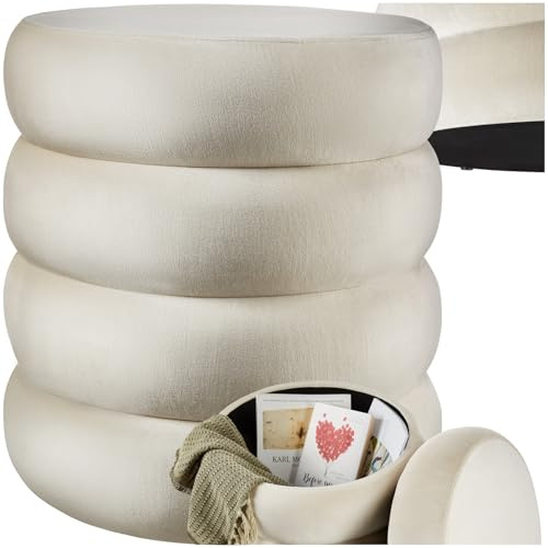 tectake® Pouf Contenitore, Sgabello Imbottito con Rivestimento Effetto Velluto, Stile Scandinavo per Camera e Salotto - Crema/Bianco, Ø 42 x 47 cm