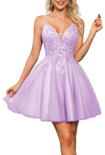 HPPEE Spaghetti Strap V Neck Homecoming Dresses for Teens Sparkly Sequin Short Lilac Prom Dress Cocktail Party Gown UK8