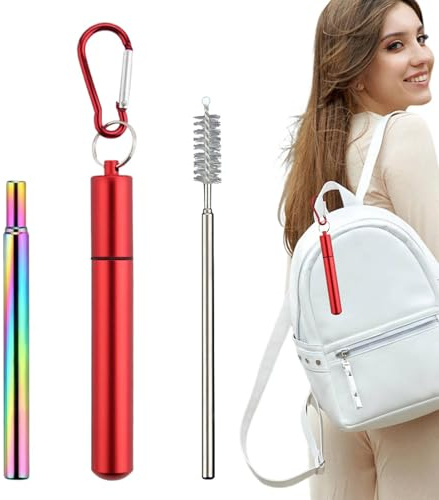 Cannucce riutilizzabili con astuccio, cannuccia pieghevole – Set di cannucce pieghevoli, per navi da crociera, cannucce in acciaio con spazzola per la pulizia e moschettone per scuola