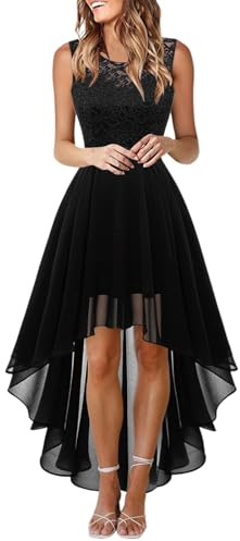 Duohropke Damen Spitzenkleid ärmellos Vorne Kurz Hinten Lang Unregelmäßig Ballkleid Festliche Chiffon Kleider mit Rundhalsausschnitt Neckholder Kleider
