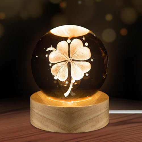 Luyuttn Sfera di cristallo 3D con motivo a trifoglio, luce notturna per bambini a forma di sfera in vetro, lampada da notte con base in legno, Lampada da Tavolo Decorativa, Multicolore, Diametro 6C