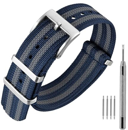 Annefit Klockarmband i nylon, 20 mm, vattentätt klockarmband i militär stil med kraftigt silverspänne, armband i ett stycke (blå/grå)