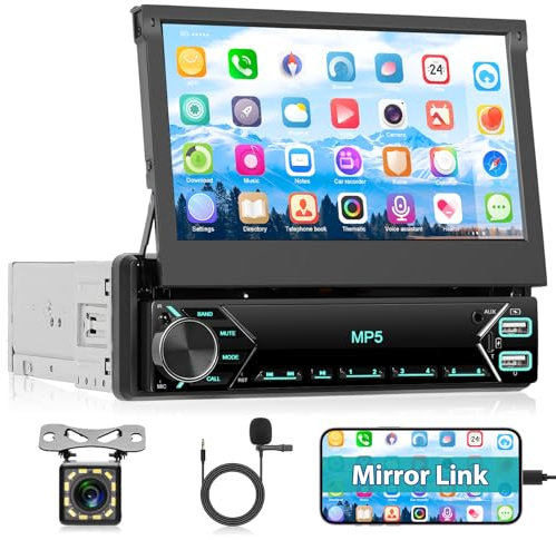 Autorradio Motorsi de 7'' con Pantalla Táctil HD Retráctil de 1 DIN, Bluetooth, Manual, Retráctil, con Enlace Espejo para iPhone y Android, USB, SWC, Radio FM, AUX, TF, Cámara de Reversa y Micrófono.