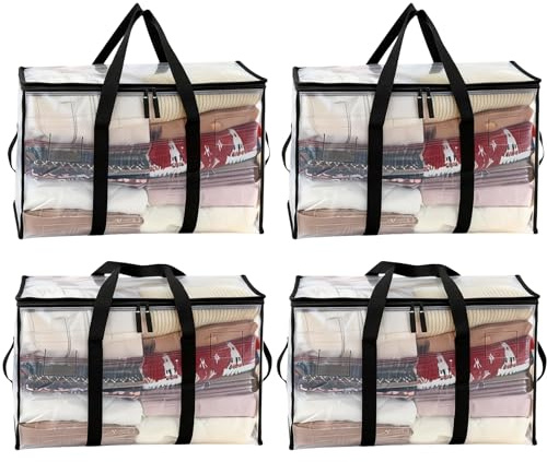 Fiabgum Grand Rangement Vetement 94L, 4 Pièces Boîte de Déménagement Transparente, Sac Rangement Vetement, sac rangement couette, Housse Vetement avec poignée pour Ranger et Organiser les Vêtements