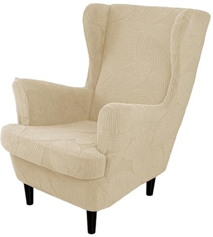 WYLEBER Wingback Chair Covers,Solid Color Wing Chair Slipcover with T-Cushion Cover,Stretch Non-Slip Wingback Armchair Slipcovers For Living Dining Room Wing Chair Home Decoration(Beige)