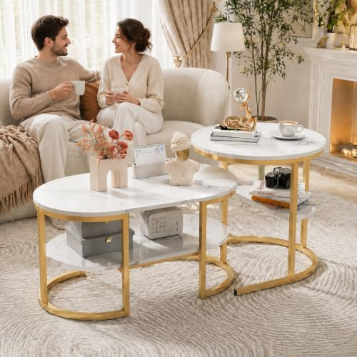 CXHLXYR Set mit 2 ovalen Couchtischen, 2-in-1-Couchtische mit Stauraum, Marmoroptik, Couchtisch für Wohnzimmer, Balkon und Büro (oval, weiß + goldfarben)