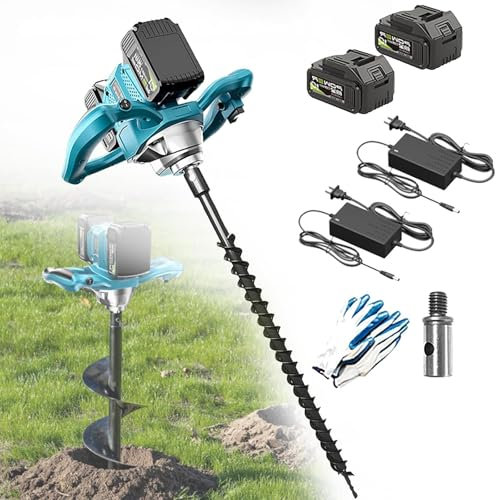 Cordless Electric Post Hole Digger 1200W, 2 Batteries, 6 Adjustable Gears, Forward/Reverse Direction, Earth Auger with 40MM Drill Bit for Garden & Fence Installation
