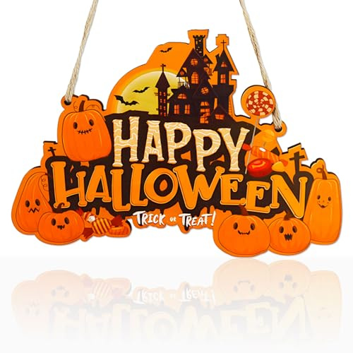 Halloween Door Decorations - 1Pcs Wooden Door Sign Pumpkin Decorations, Wooden Centerpiece Signs with Candy, Pumpkins, Bats, Castles Design, Happy Halloween Ornaments for Home Window Wall Decor