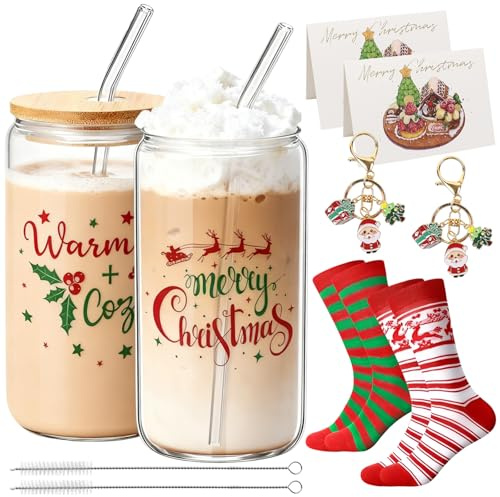Weihnachtsgläser 500ml, Weihnachten Trinkgläser mit Deckel und Strohhalm, Gläser Weihnachten, Weihnachtsbecher, Weihnachtstasse für Bubble Tea Eiskaffee, Weihnachtsgeschenke für Frauen,Frauen,Kollegen