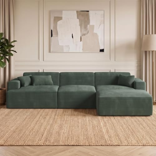 skølm Freki Cloud Couch aus Cord, 3-Sitzer Dunkelgrün, 3 Kissen, mit Hocker | L-Form Ecksofa, Vollschaumcouch mit Federkern & Vakuum-Kompression, 320 cm breit, kein Aufbau erforderlich, Wohnzimmersofa