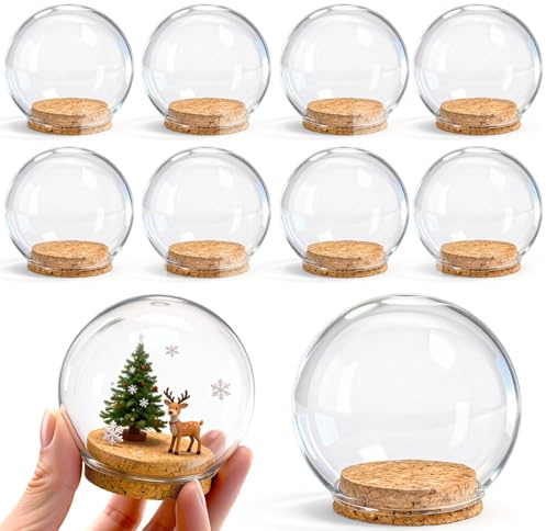 Eorbow 9 Pack Round Glass Cloche Display Dome, 2.6 Inch Decorative Glass Bell Jar, Small Globe Display Cases with Cork Base for Christmas Party Favor, Plants, Fairy Lights, Table Decors