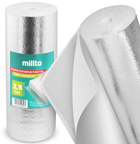 Millto Feuille Réfléchissante Chauffage 3 mm x 0,5 m x 2,5 m Auto-adhésive Panneau Isolant Thermique Aluminium Isolation Murale Tapis Réflecteur Radiateur Économie D’énergie