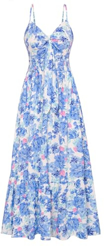 GRACE KARIN Dam v-ringad ärmlös blommig klänning sommar casual A-linje maxiklänningar strand bröllop flödande fritidsklänning med fickor, blå, M