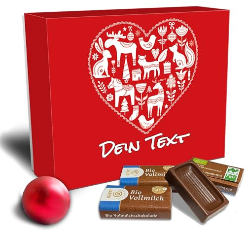 Postalo Weihnachten Geschenkbox mit Schokolade - Personalisierbar - Weihnachts-Geschenkkarton mit individuellem Text - Geschenkkarton 13×10×3 cm (Herz rot)