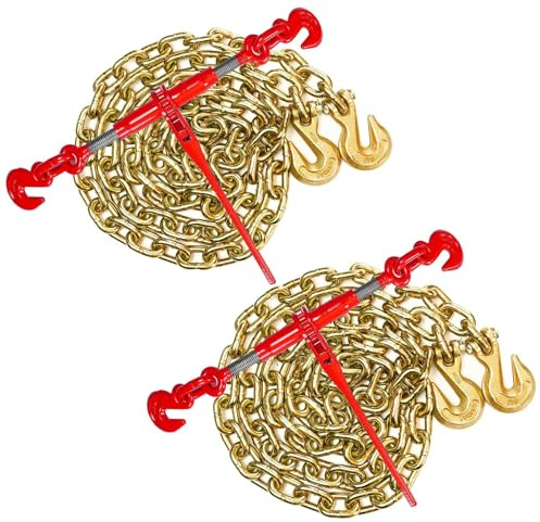 Tensor de Cadena con Carraca 13 mm–10 mm con Cadena 3 m, Kit de Amarre y Sujeción para Camión y Remolque Pack 4