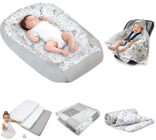 Medi Partners Bundle of Babynest Nestchen 100x60x15 + Einschlagdecke 85x85cm + Babydecke 75x100cm + Krabbeldecke für Baby Spielmatte 120x120cm + Spannbettlaken 60x120 3-Pack