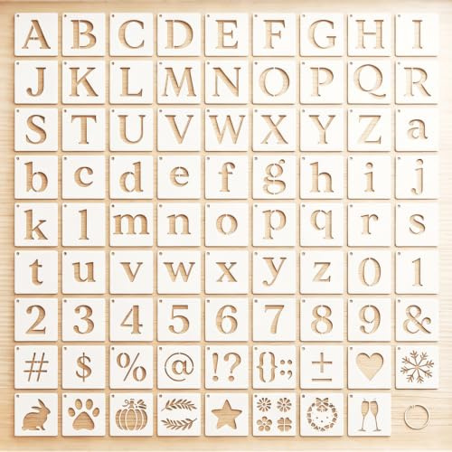 Nify - Plantilla de letra alfabeto de PET reutilizable, lote de 80 piezas, plantillas para pintura con letras, números y símbolos, para madera, paredes, tela y vidrio, 7,6 x 7,6 cm