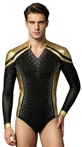 CHICTRY Men Latin Dance Leotard Shirt Figure Skating Bodysuit | Sparkly Rhinestones, Metallic Shiny, V Neck, One Piece, for Gymnastic Ballet Salsa Tango