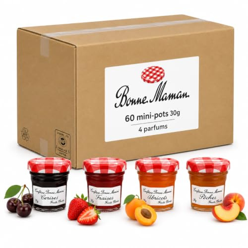 BONNE MAMAN - 60 Confitures Fraise/Abricot/Pêche/Cerise - 30 g | Mini-pots Individuels en verre 30 g - 50% de fruits - Petit-Déjeuner, Hôtellerie et Restauration - Fabrication française