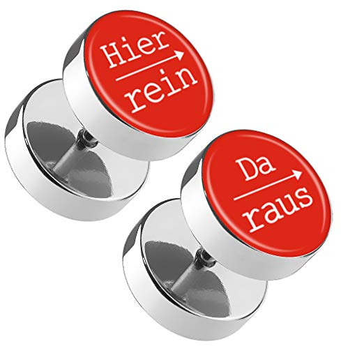 Piercingfaktor Runde Ohrringe Ohrstecker Fake Piercing Ohr Plug Flesh Tunnel Edelstahl Platte Stecker Spruch Hier rein, Da raus 12mm Rot