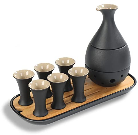 TEANAGOO Set da Sake Tradizionale Giapponese, Caraffa da Sake (170 ML) con 6 Tazze da Sake (25 ML) per Liquore Soju Giapponese Caldo o Freddo con Set di Vassoi Bambo da Portata 10 pz/set