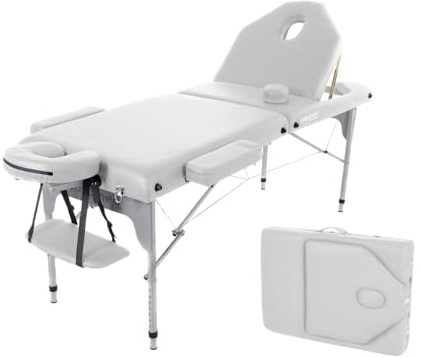 QUIRUMED Klappbare Massageliege aus Aluminium, 186 x 66 cm, gepolstert 14 cm, Kunstleder, Farbe Weiß, höhenverstellbar, klappbare Rückenlehne, leicht, bis 150 kg