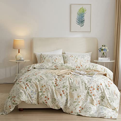 EAVD Reversible Botanical Floral Duvet Cover King White Soft Cotton Chic Shabby Garden Cute Floral Bedding Set with 2 Pillowcases Vintage Botanical Comforter Cover Set with Zipper Closure